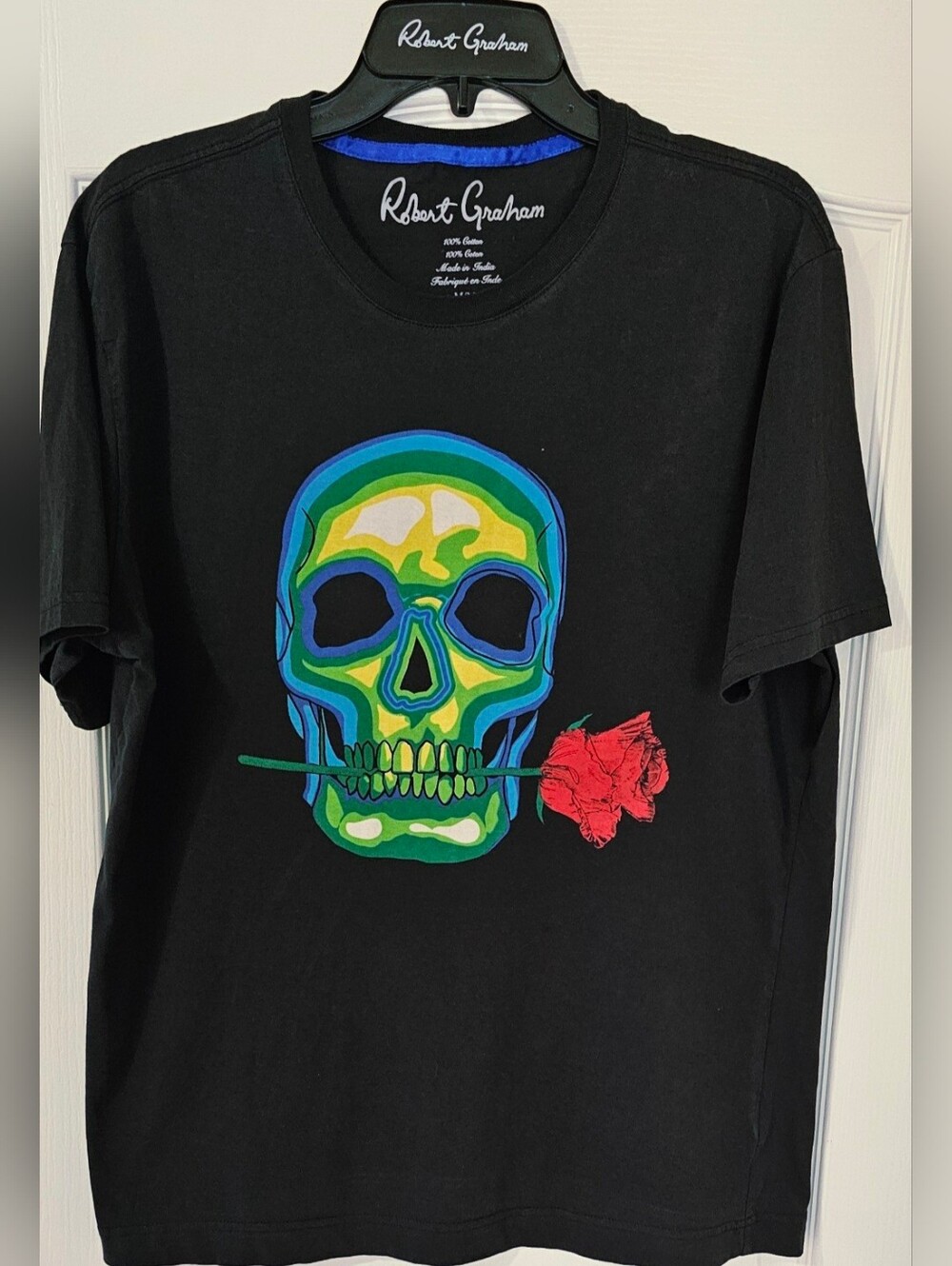 Robert Graham Black Short-Sleeve Tee with Green & Blue Skull and Red Rose